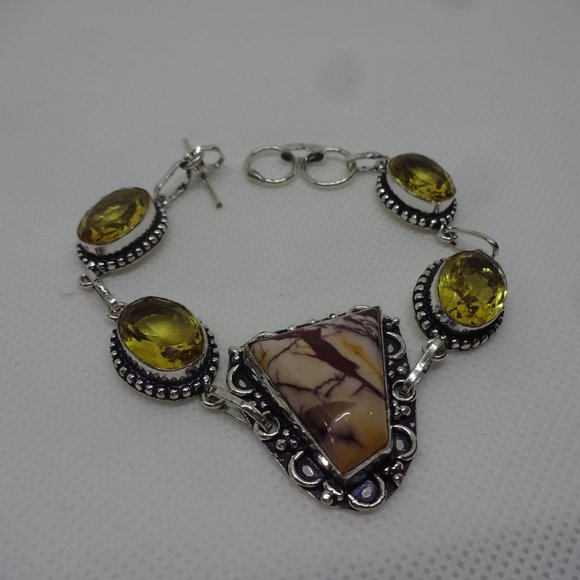 Stunning "MOOKAITE JASPER & CITRINE" Handmade Sterling Bracelet Size 7.5"  #198 - Picture 3 of 3